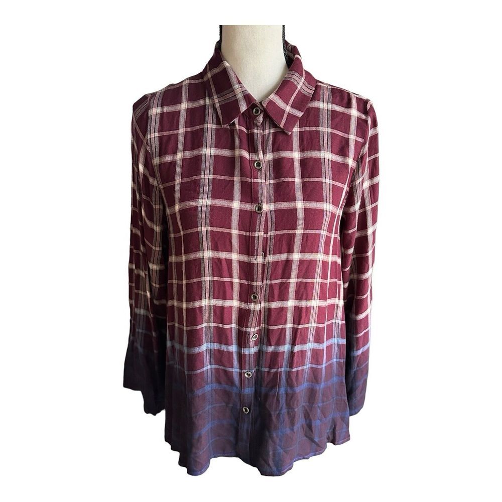 Andree by Unit Top Blouse Size Small Black‎  Red  Wine Plaid Snap Front Roll Tab